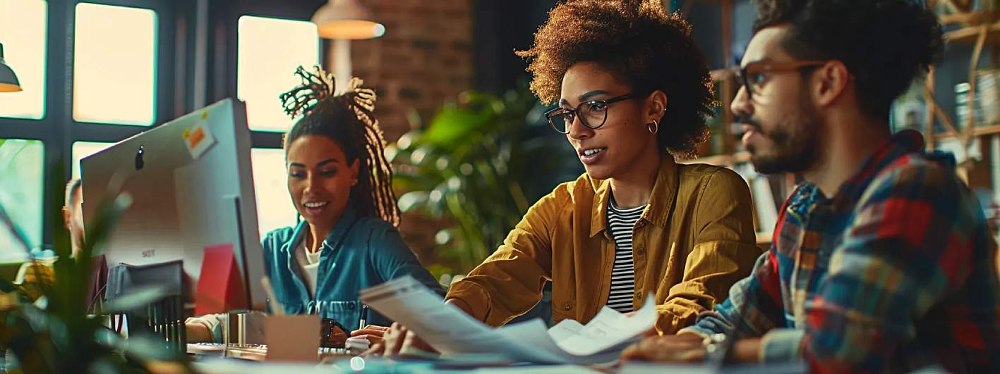 Three employees discussing the features of the new online faxing software installed at their workplace.